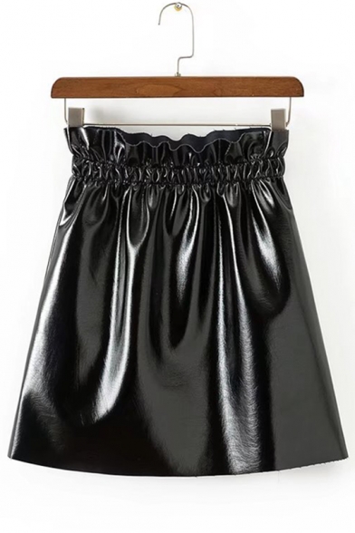 Summer Hot Fashion Black Paperbag Waist A-Line Mini PU Skirt for Cool Women