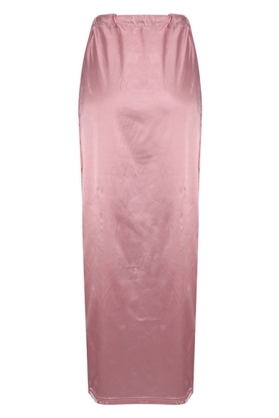 Summer Hot Fashion Pink Sexy Split Side Tie-Waist Silk Maxi-Skirt