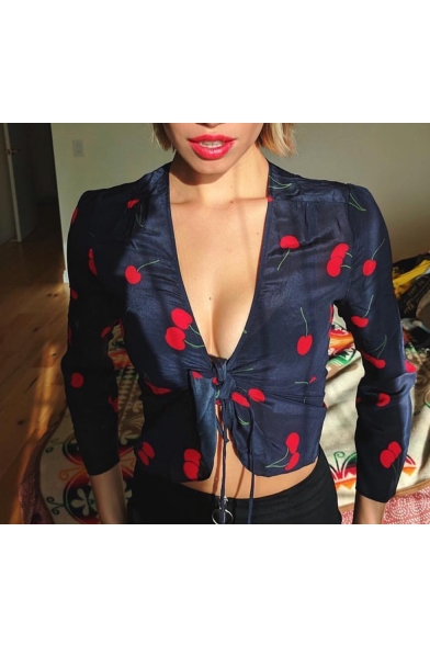 Summer Hot Fashion Plunge V Neck Cherry Print Knotted Front Long Sleeve Sexy Fitted Crop Blouse