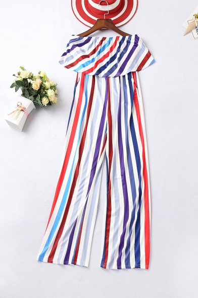 Summer Hot Fashion Strapless Sleeveless Multicolor Striped Print Loose Long Pants Jumpsuits