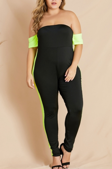 Summer Hot Popular Black Plus Size Chic Off Shoulder Short Sleeve Contrast Trim Sexy Jumpsuits