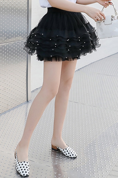 Summer Hot Popular Elastic Waist Beading Embellished Pleated Mini Layer Puffy Skirt