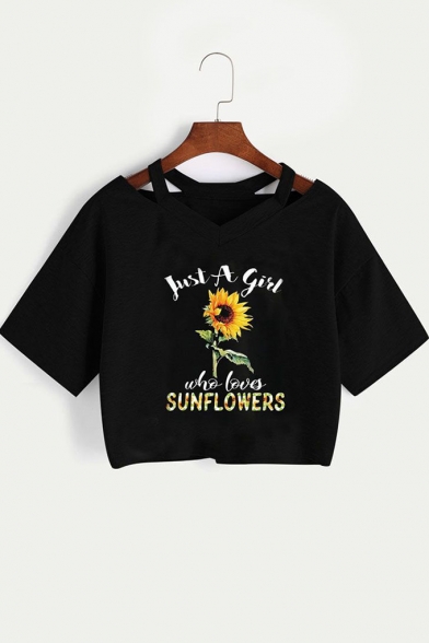 Summer Hot Popular Letter Sunflower Pattern V-Neck Short Sleeve Cropped Black Tee