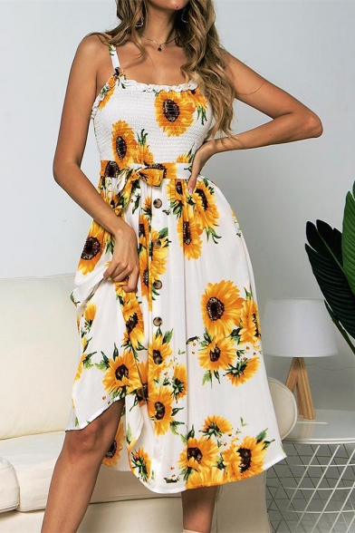 Summer Hot Popular Sunflower Pattern Bow-Tied Waist Midi A-Line Strap Dress