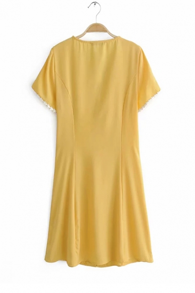Summer Hot Trendy Lace-Trim V Neck Short Sleeve Button Down Yellow Mini A-Line Dress