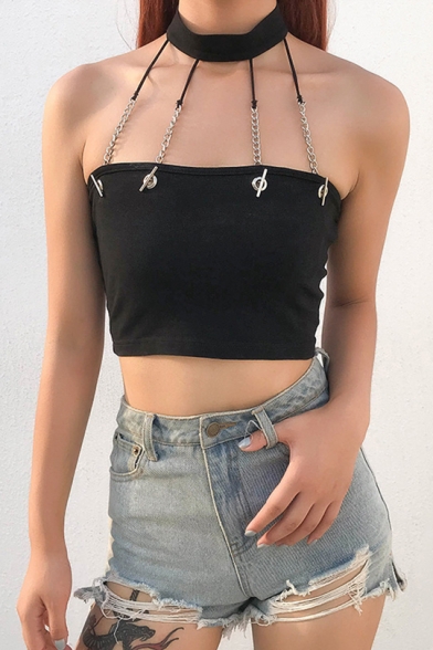 Summer Street Style Cool Hollow Chain Halter Neck Black Cropped Tank Top