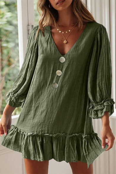 Summer Womens Trendy Button V-Neck Long Sleeve Mini Ruffled Dress
