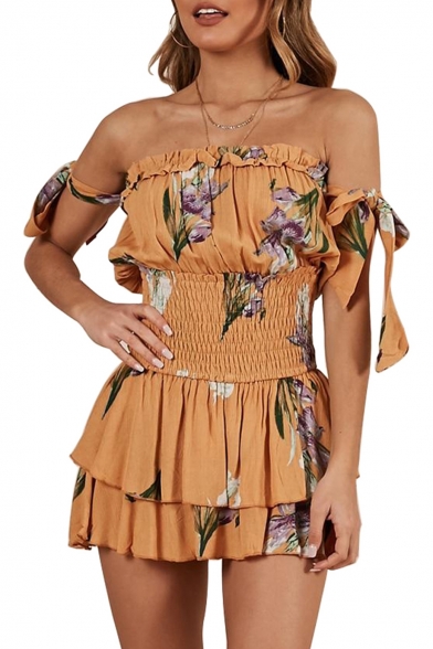 Summer Womens Yellow Floral Printed Backless Off Shoulder Bow Sleeves Gather Waist Layered Ruffle Holiday Rompers