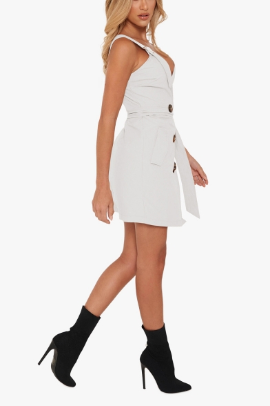Trendy Adjustable Straps Sleeveless Double-Breasted Tied Waist Mini Sheath Dress