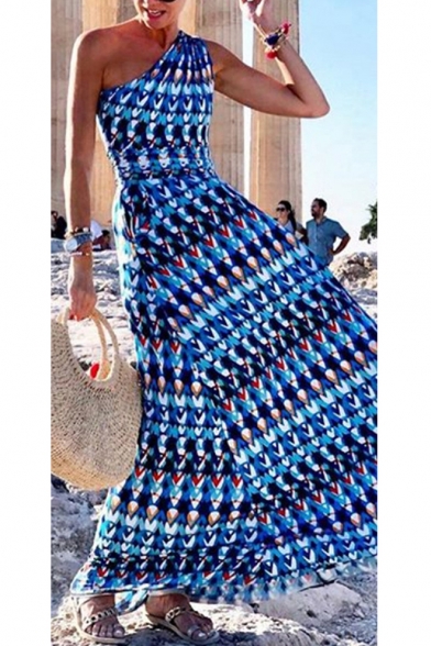 Trendy Blue Tribal Printed One Shoulder Sleeveless Maxi Beach Bohemian Dress