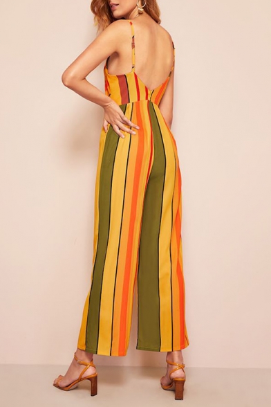 Trendy Chic Plunge V Neck Straps Sleeveless Yellow Striped Print Casual Loose Holiday Jumpsuits