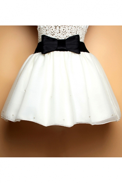 Trendy Womens Bow Front Beading Embellished Pleated Mini Puffy Skirt