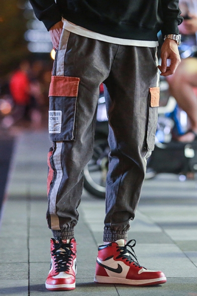 Trendy Letter Patched Contrast Stripe Side Flap Pocket Elastic Waist Men's Cotton Cargo Pants
