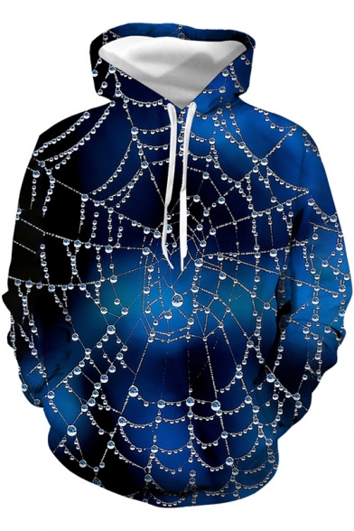 Unique Cool 3D Blue Spider Web Pattern Long Sleeve Unisex Casual Hoodie