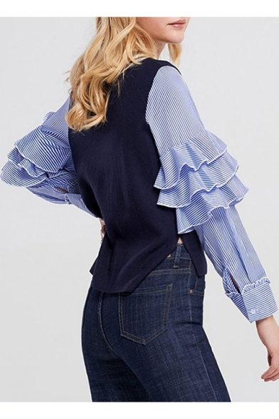 Unique Trendy Striped Ruffled Long Sleeve Round Neck Navy Casual T-Shirt