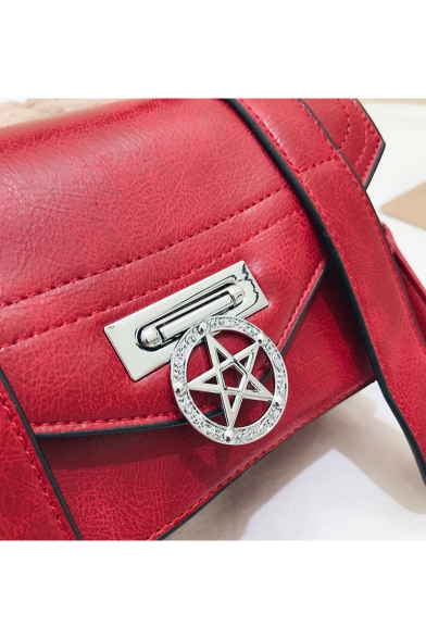 Women's Fashion Vintage Solid Color PU Leather Belt Buckle Metal Star Embellishment School Satchel Handbag 22*14*8 CM