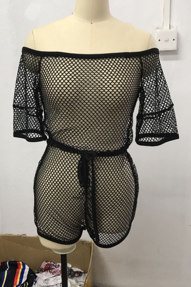 Women Sexy Fashion Simple Plain Fishnet Hollow Out Mesh Off Shoulder Short Sleeve Drawstring-Waist Nightclub Romper