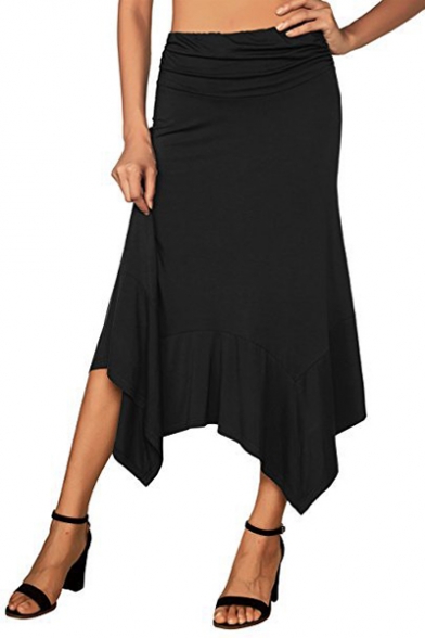 Womens Basic Simple Plain Maxi Asymmetrical Skirt