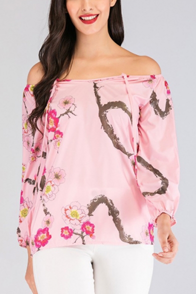 Womens Chic Floral Pattern Sexy Off the Shoulder Long Sleeve Blouse Top