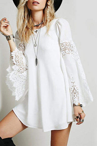Womens Chic Lace-Panel Bell Long Sleeve Round Neck Mini Swing Dress