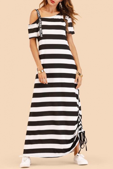 Womens Classic Striped Printed Cold Shoulder Drawstring Side Maxi Swing Dress