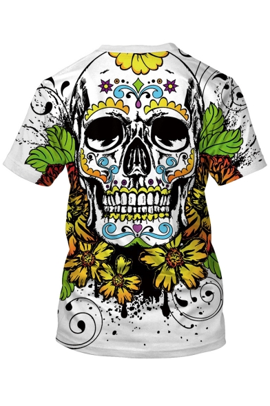 Womens Cool Floral Skull Print Round Neck Short Sleeve White Tee