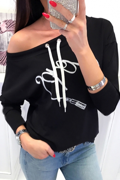 Womens Cool Simple Lipstick Letter Printed One Shoulder Long Sleeve Casual Loose Sweatshirt