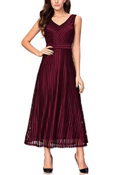 Womens Fancy Elegant V-Neck Sleeveless Maxi A-Line Dress