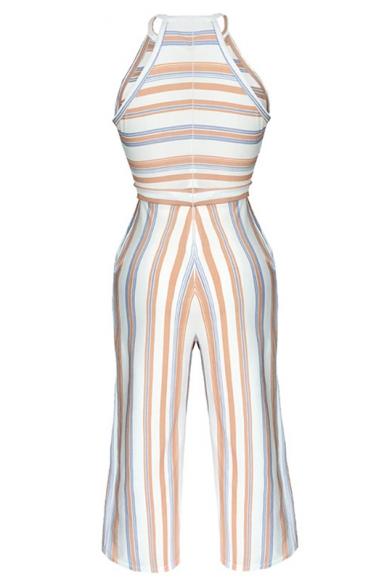 Womens Halter Neck Sleeveless Stripped Print Tie Waist Casual Loose Holiday Wide Leg Jumpsuit