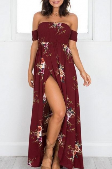 Womens Holiday Fancy Floral Printed Sexy Off the Shoulder Short Sleeve Split Front Maxi Beach Dress