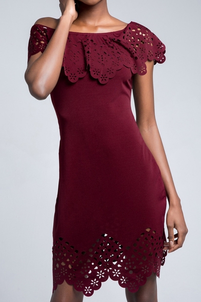 Womens Hot Fashion Off Shoulder Lace Trim Patchwork Cutout Plain Mini Evening Party Dress