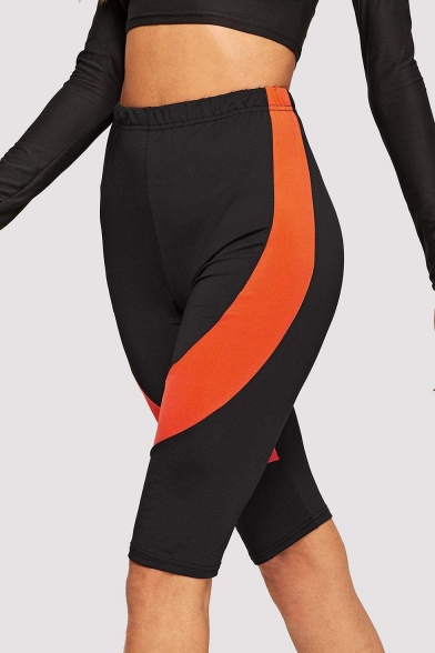 Womens Hot Popular Color Block Elastic Waist Half Yoga Slim Fit Cycling Shorts
