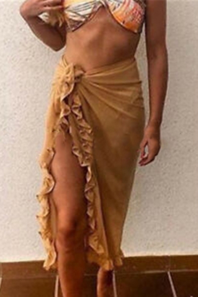 Womens Hot Popular Simple Plain Tied Waist Split Front Ruffled Midi Beach Skirt
