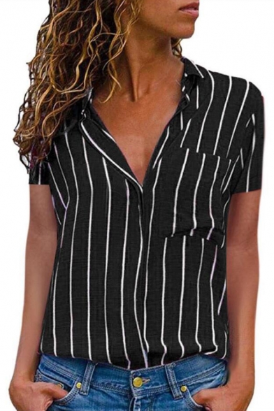 Womens Hot Popular Vertical Stripe Printed Short Sleeve Fitted Shirt Blouse