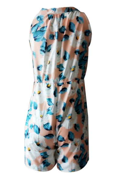 Womens Hot Stylish Floral Print Cutout Tie Neck Sleeveless Elastic Waist Casual Loose Rompers