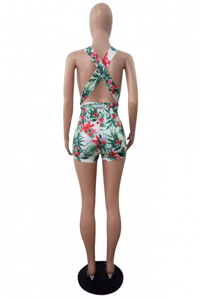 Womens Hot Stylish Floral Printed Sleeveless Plunge V-Neck Crisscross Back Tie Waist Fitted Rompers