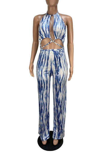 Womens Hot Stylish Halter Neck Sleeveless Backless Cutout Tie Dye Skinny Fitted Jumpsuits