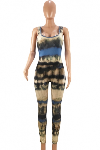Womens Hot Stylish Sexy Tie Dye Scoop Neck Backless Belt Front Skinny Fitted Jumpsuits
