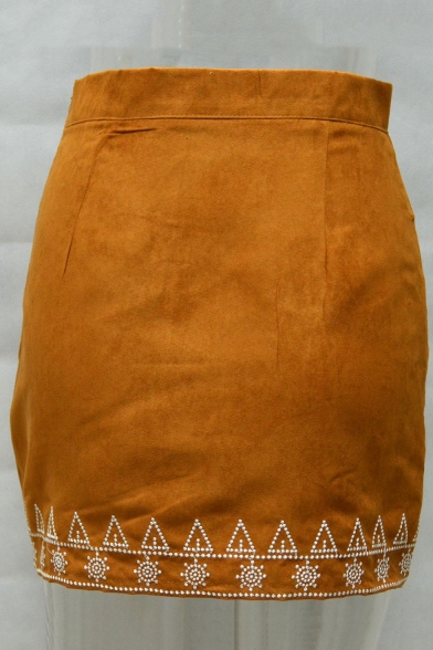 Womens Hot Stylish Suede Geometric Embroidered High Elastic Waist A-Line Mini Skirt