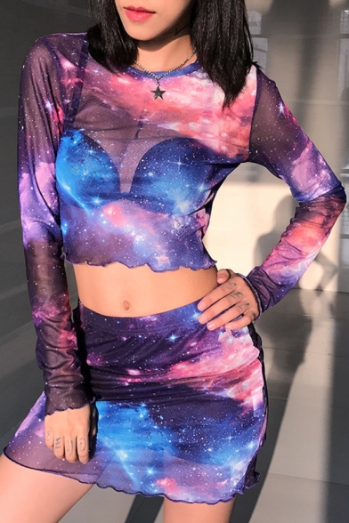 Womens New Stylish Blue and Purple Galaxy Printed Mini Bodycon Mesh Skirt