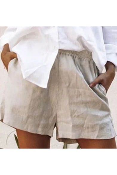 Womens New Stylish Plain Light Khaki Elastic Waist Washed Cotton Casual Shorts