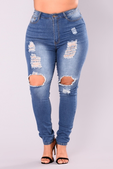 fængelsflugt væske Harden Womens Plus Size Fashion Blue Distressed Ripped Knee Cut Skinny Fit Denim  Jeans - Beautifulhalo.com