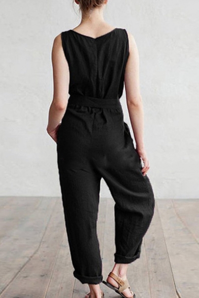 Womens Scoop Collar Sleeveless Tie-Waist Pocket Front Plain Casual Loose Jumpsuits