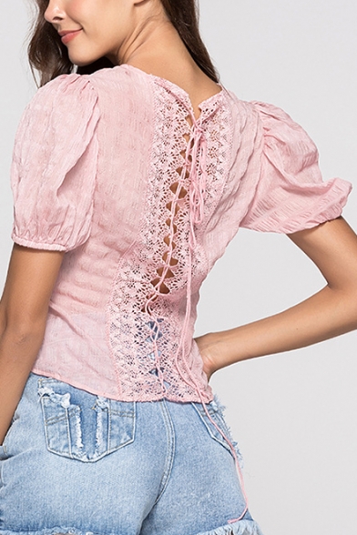Womens Sexy Hollow Lace-Up Back Puff Short Sleeve Padded Texture Plain Fitted T-Shirt