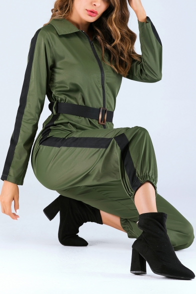 Womens Stylish Green Long Sleeve Contrast Trim Lapel Collar Zipper-Fly Belt-Front Vintage Jumpsuit