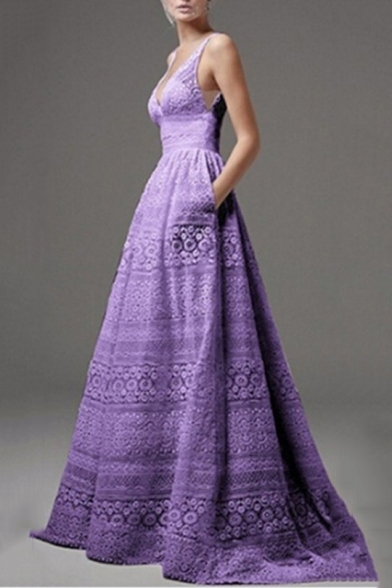 Womens Stylish Plunge V Neck Sleeveless Crochet Plain High Waist Evening Party Maxi Dress