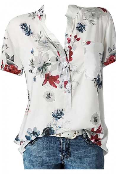 Womens Summer Fancy Floral Print Button V-Neck Short Sleeve Casual Blouse Top