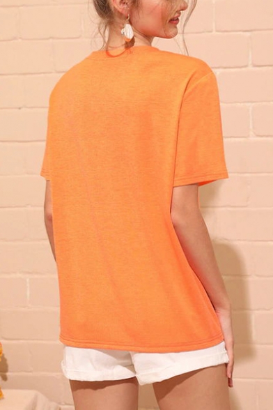 Womens Summer Girls Fashion Orange Letter Pineapple Print Short Sleeve Casual Tee