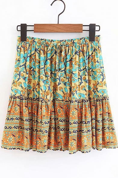 Womens Summer Hot Popular Drawstring Waist Holiday Chic Floral Print Mini A-Line Pleated Skirt