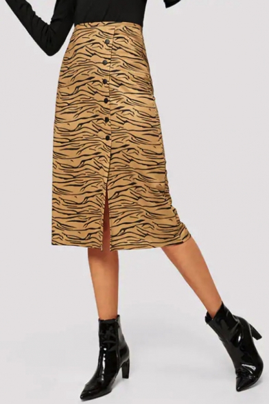 Womens Trendy Khaki Leopard Printed Button Down Midi Fitted Skirt